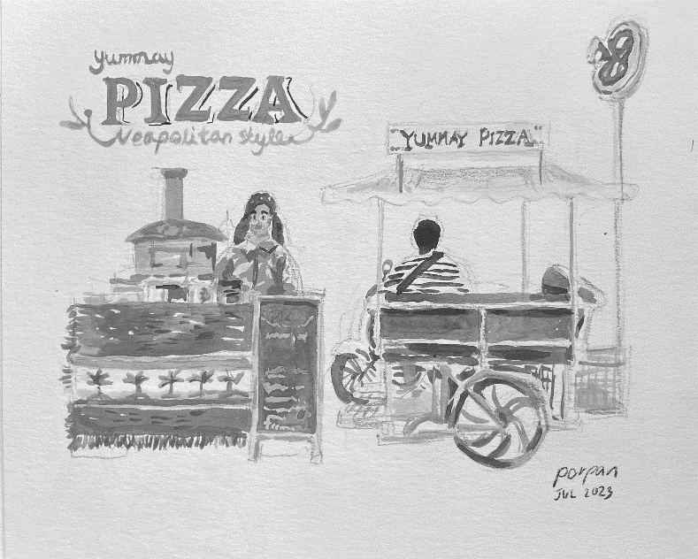Yummay Pizza restaurant hand-drawn illustration